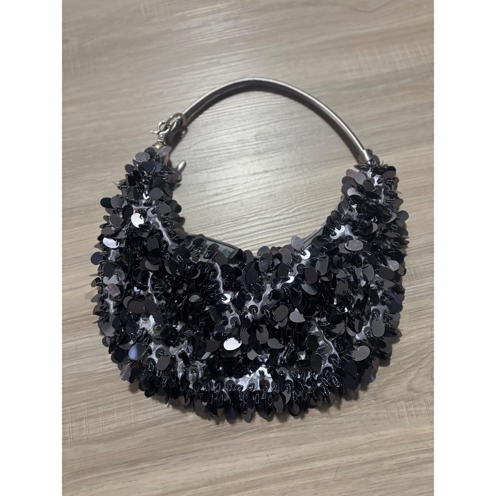 Black Sequin Hobo Bag Silver Handle Crescent Evening Handbag Party Statement